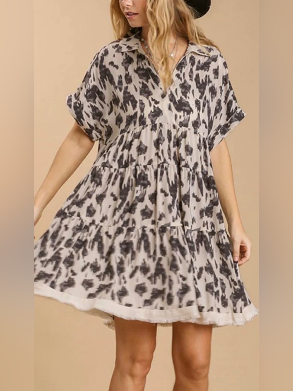 Umgee Animal Print Tiered Dress with Frayed Hem. Size a small